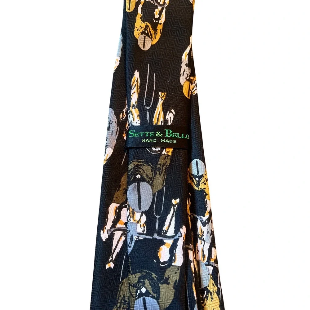 Sette &‎ Bello Necktie Cycling Bike Print Hand Made Italy Silk Tie